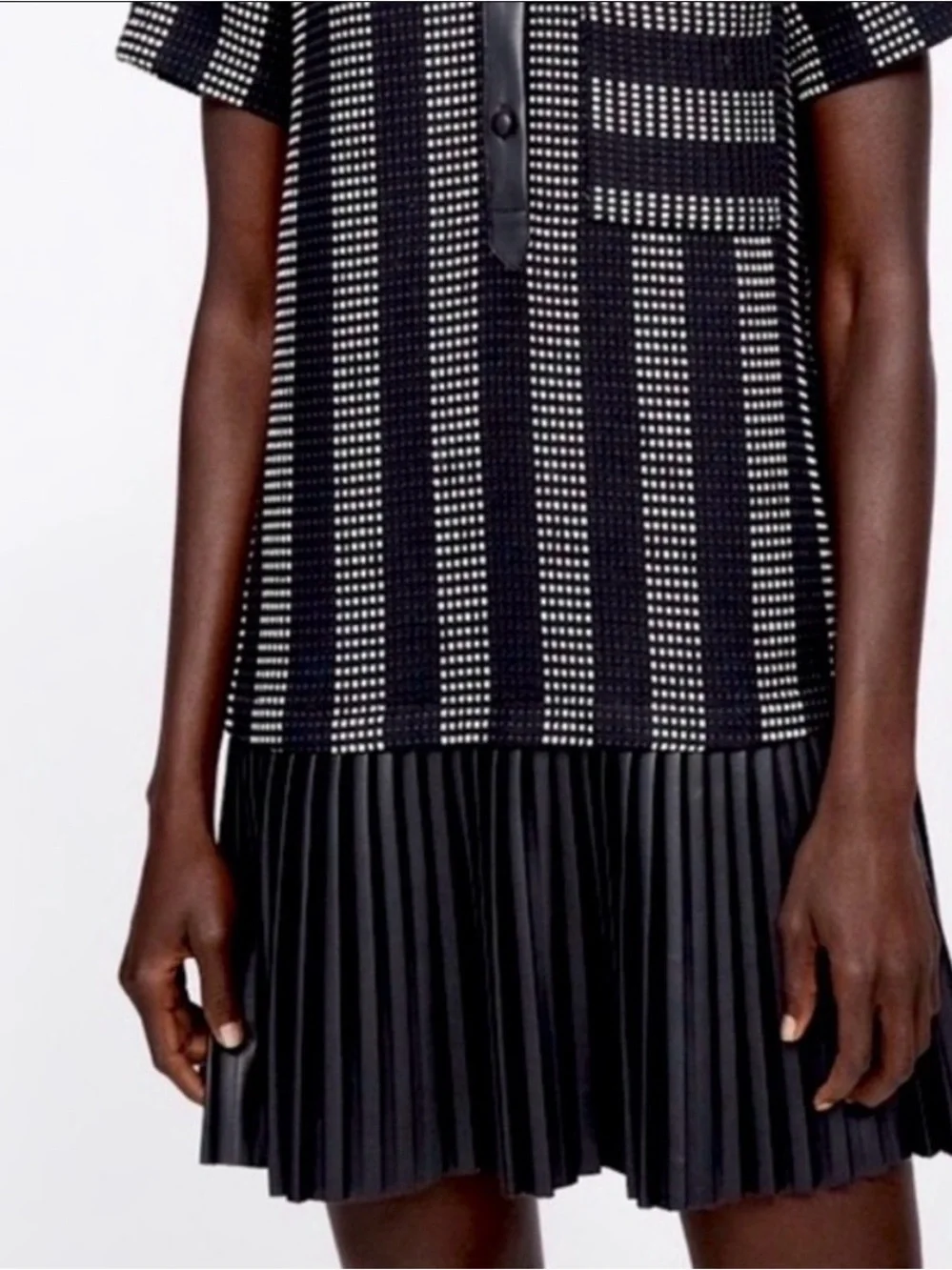 ZARA Textured Knit Polo Button Front Pleated Mini Dress Size M - Picture 9 of 10